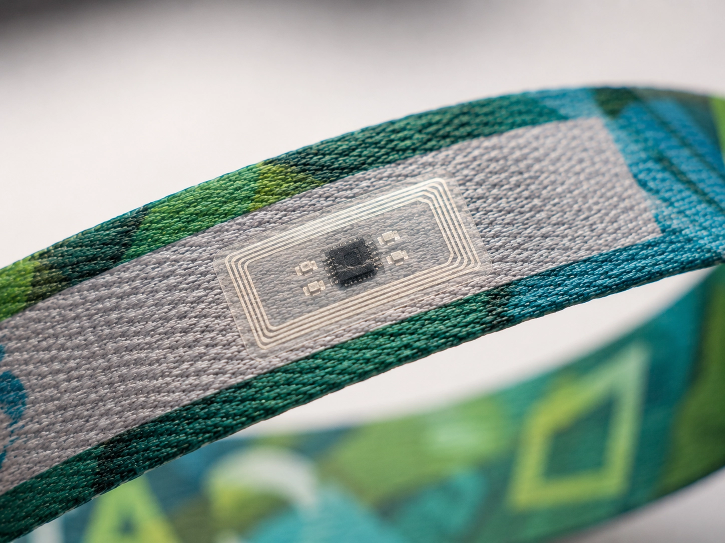 A high-tech RFID chip embedded in a woven fabric wristband, illustrating the electronic waste challenge in sustainable event credentials.