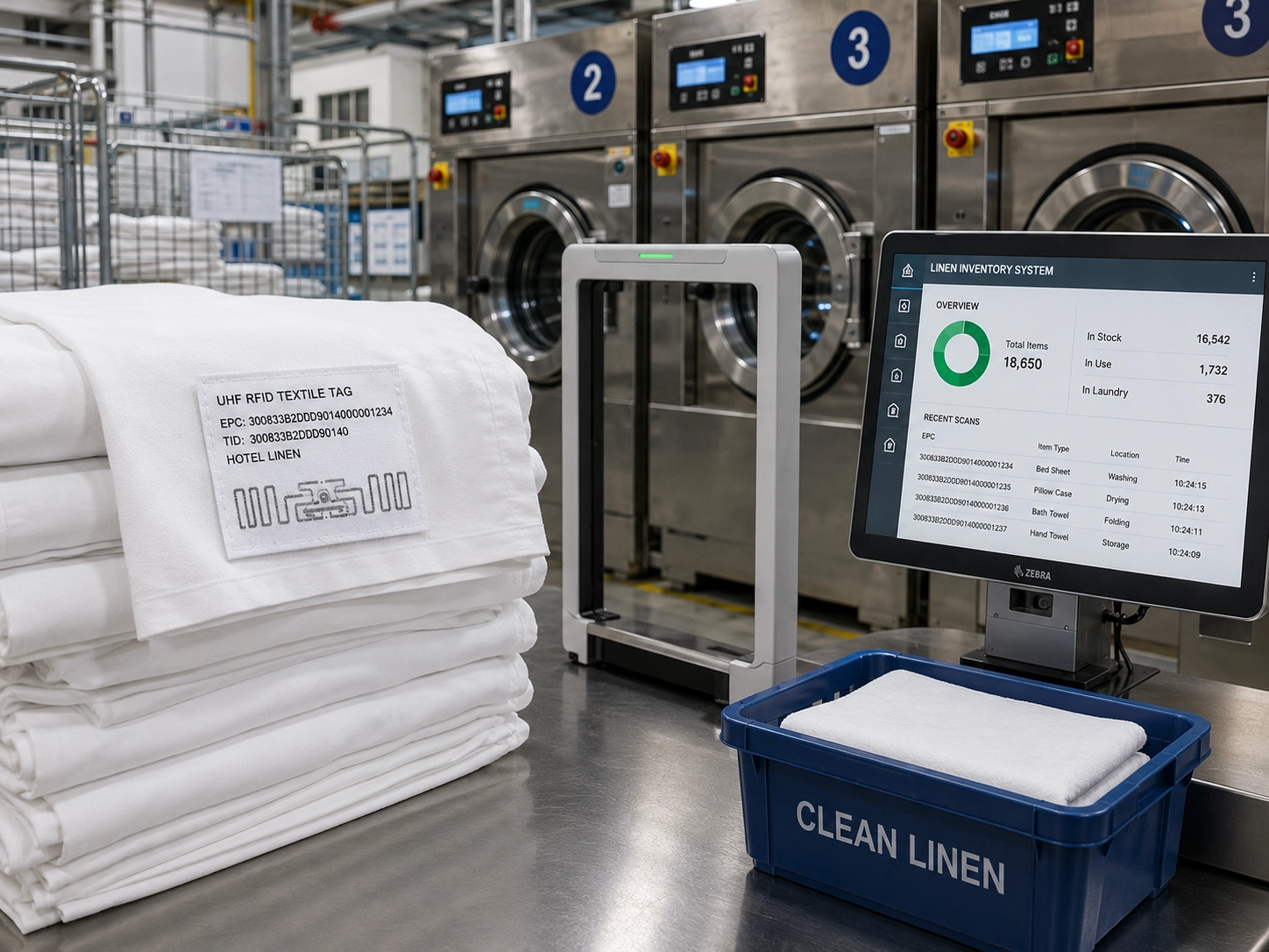 UHF RFID textile tags for hotel linen tracking in an industrial laundry facility equipped with stainless steel washing machines and automated inventory systems
